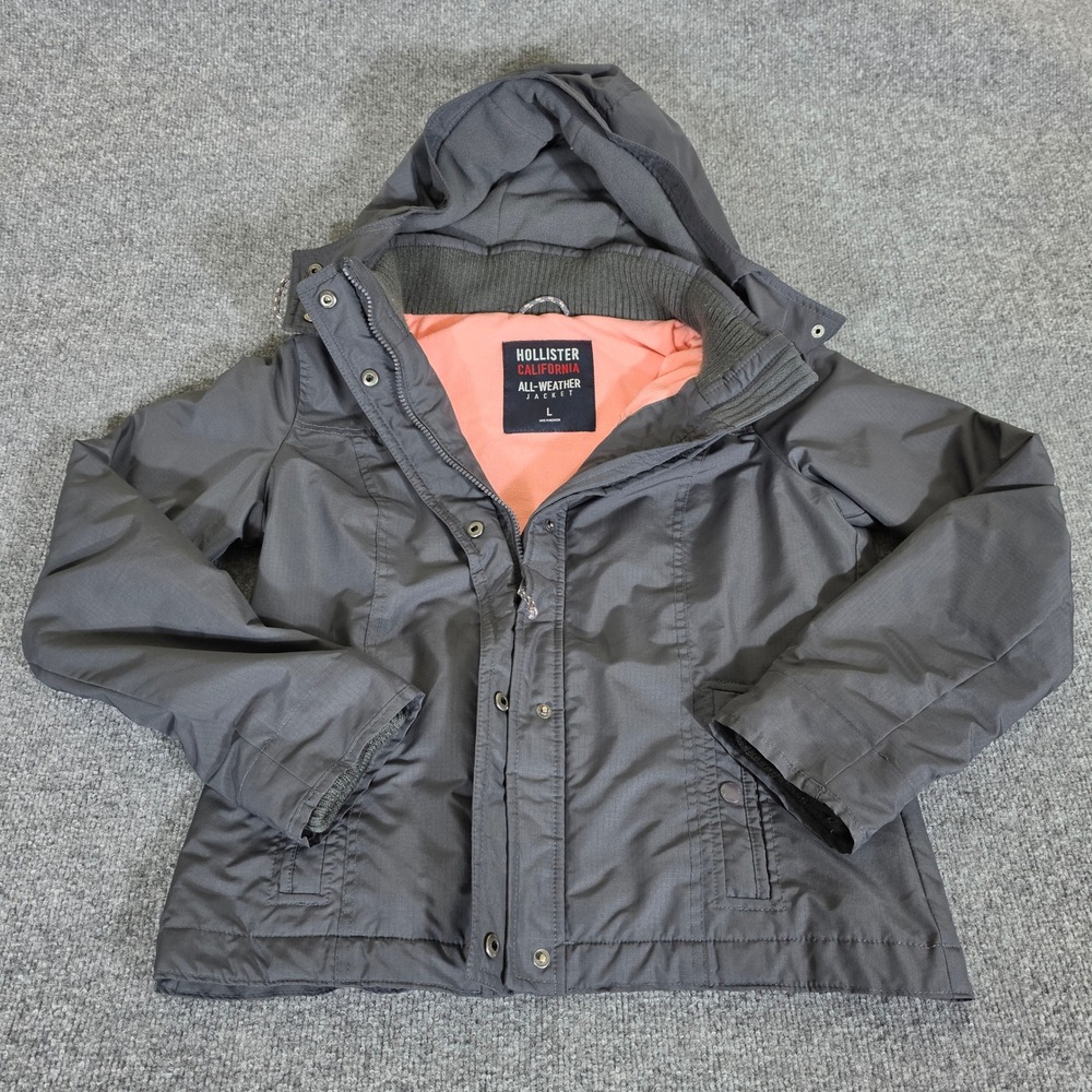 Hollister All-Weather Jacket Womens Large Gray Peach Fleece Lined Hooded Ripstop